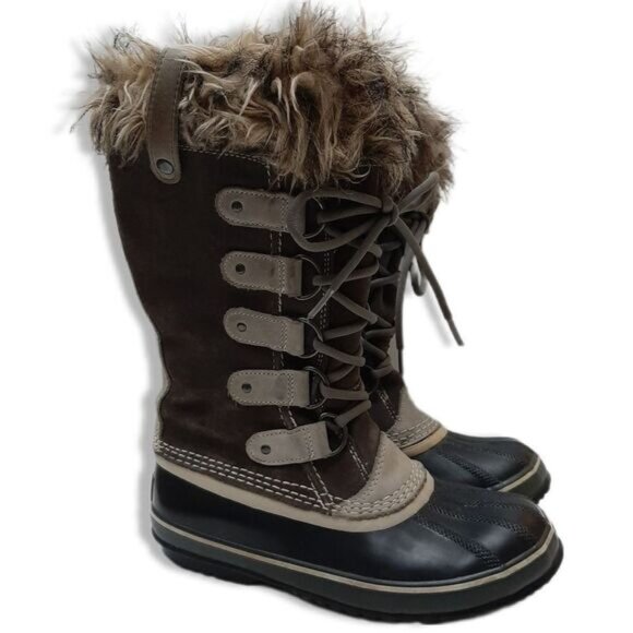 SOREL Joan of Arctic Snow Boots Suede Leather Grey & Black Sz 7 Flawed - Picture 1 of 16